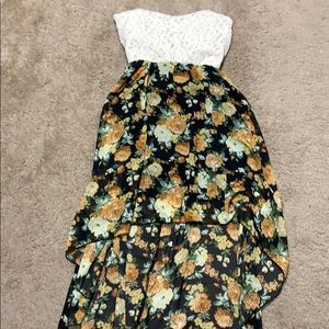Floral high-low strapless dress